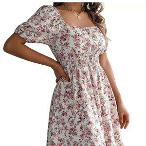 Women's Floral Midi Dress Summer Square Neck Puff Sleeve Smocked Dress